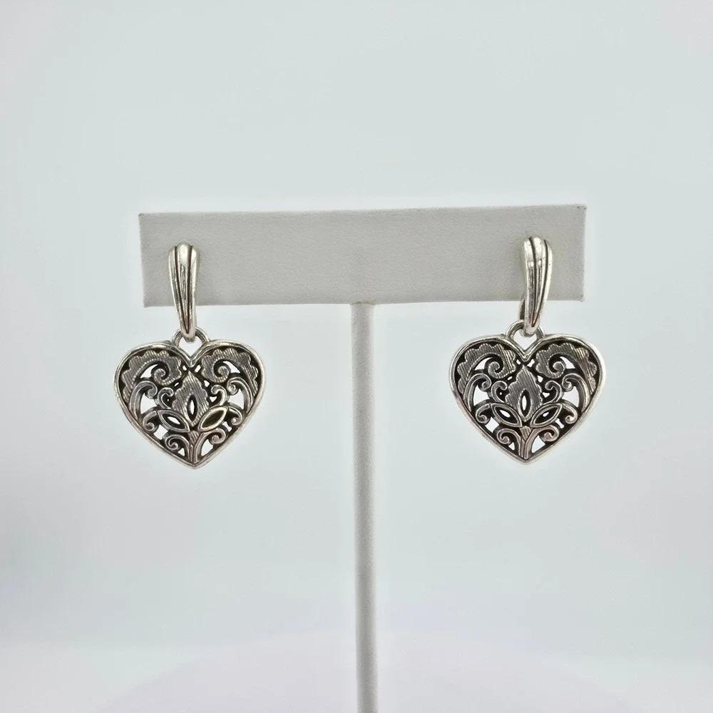 BRIGHTON 'Cordoba Heart' Earrings Open Scrollwork Floral Drop Silver Plate 1.5